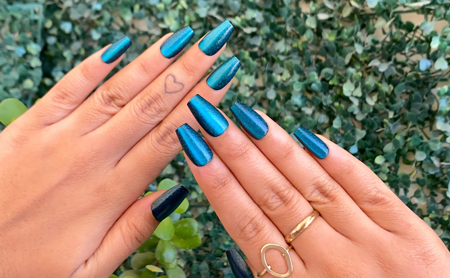 Teal Tempest Medium Coffin Luminous Chrome Press On Nails