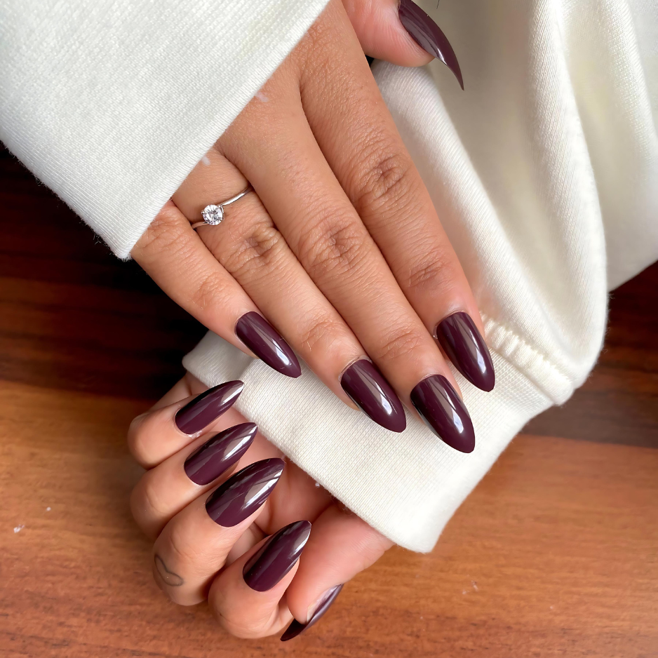 Dark Plum, Long Almond, High-Gloss and Press On Nails
