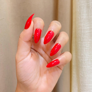 Classic Cherry Red, Long Almond, High-Gloss and Press On Nails