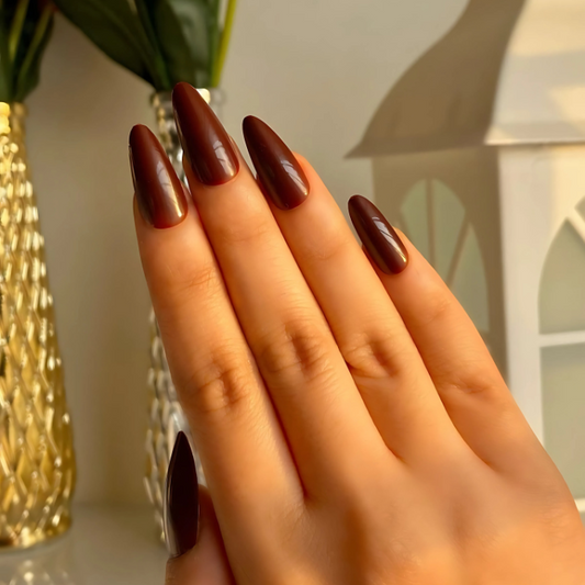 Rich Chocolate Aura Long Almond Press On Nails (Set Of  24)