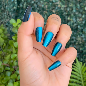 Teal Tempest Medium Coffin Luminous Chrome Press On Nails