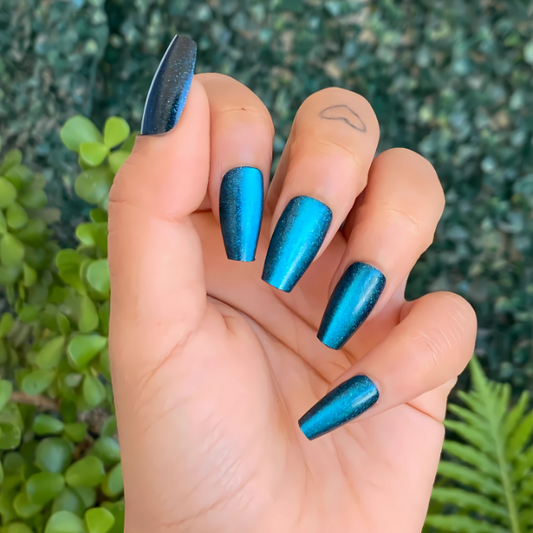 Teal Tempest Medium Coffin Luminous Chrome Press On Nails
