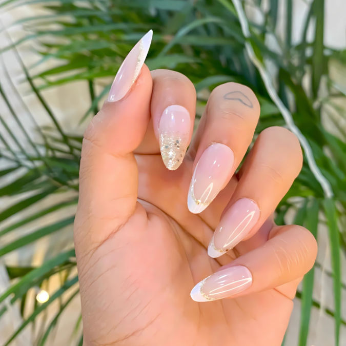Pearl Gala - Long Almond, Glitter Gloss Press On Nails (Set Of 24)