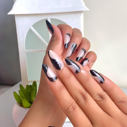 Midnight Abstract Long Tapered Round Glossy Glitter