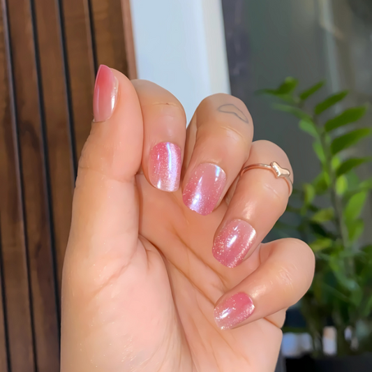 Pink Aurora Shimmer Short Round Press On Nails (Set Of 24)