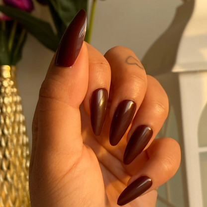 Rich Chocolate Aura Long Almond Press On Nails (Set Of  24)