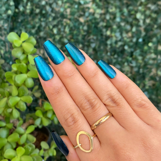 Teal Tempest Medium Coffin Luminous Chrome Press On Nails