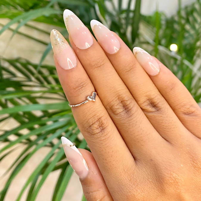 Pearl Gala - Long Almond, Glitter Gloss Press On Nails (Set Of 24)