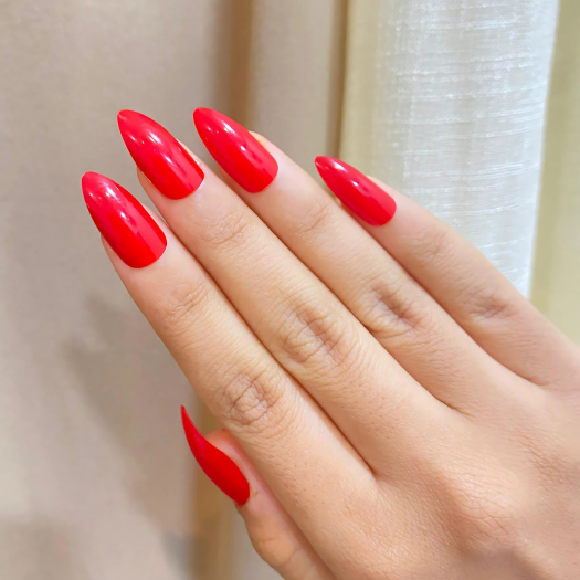 Classic Cherry Red, Long Almond, High-Gloss and Press On Nails