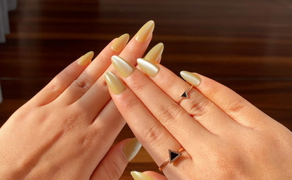 Champagne Matcha Glaze – Almond Chrome Press-On Nails