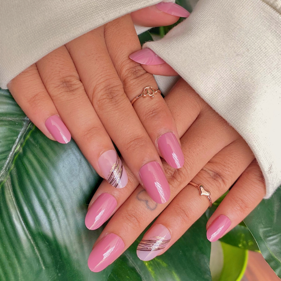 Vintage Blush – Artistic Stripe Almond Press-On Nails