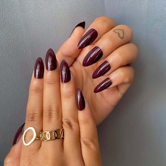 Dark Plum, Long Almond, High-Gloss and Press On Nails