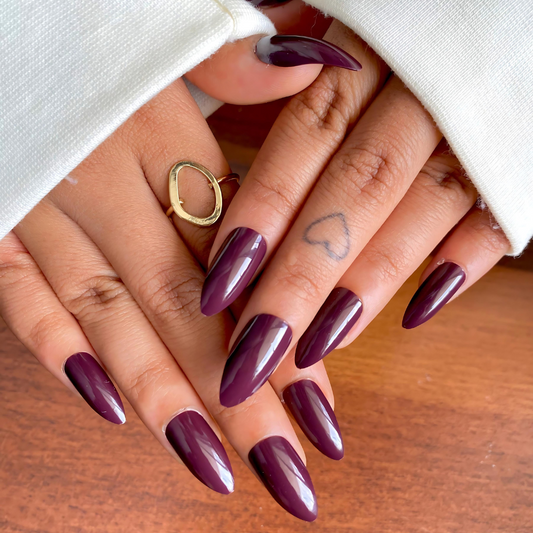 Dark Plum, Long Almond, High-Gloss and Press On Nails