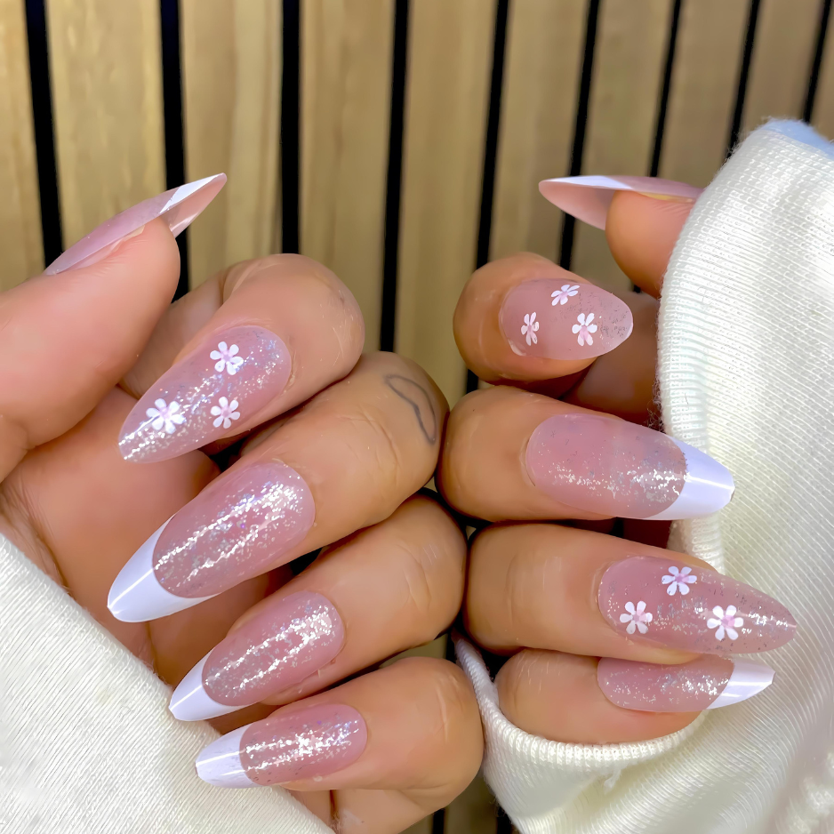 Fairy Dust Floral Bloom Long Almond Press On Nails (Set Of 24)