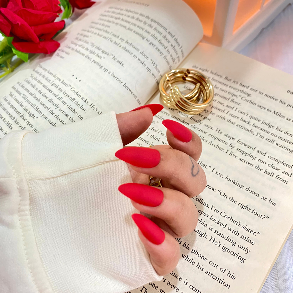Classic Cherry Red, Long Almond, High-Gloss and Press On Nails