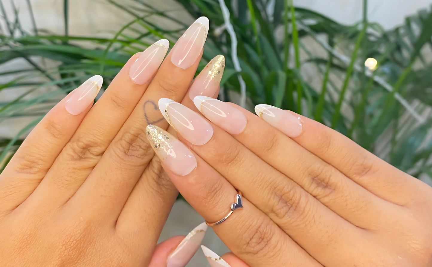 Pearl Gala - Long Almond, Glitter Gloss Press On Nails (Set Of 24)