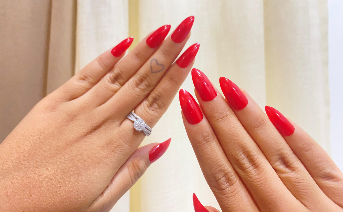 Classic Cherry Red, Long Almond, High-Gloss and Press On Nails